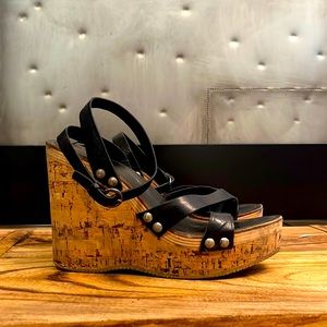 Miu Miu cork and black leather wedge platform sandals
